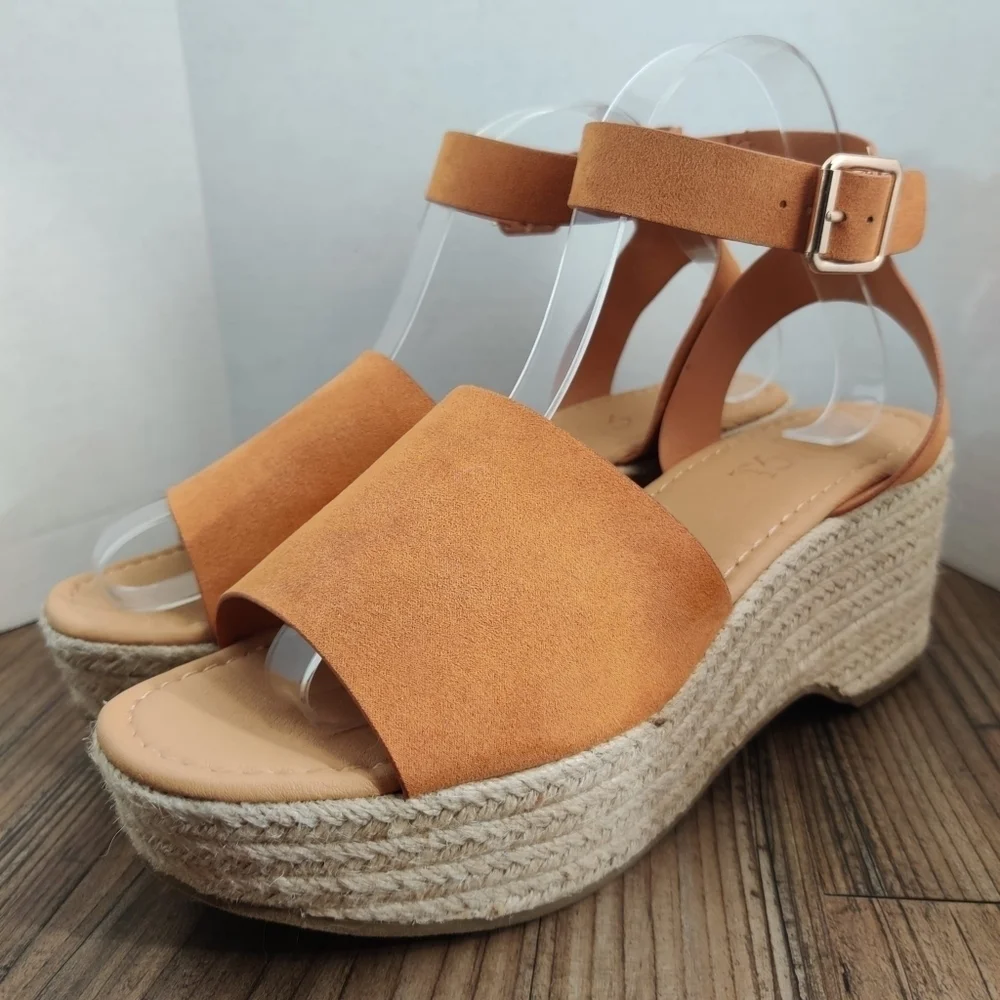 ROUGE Tradition Espadrille Sandals Ankle Strap Tan Faux Suede Platform Women 8.5